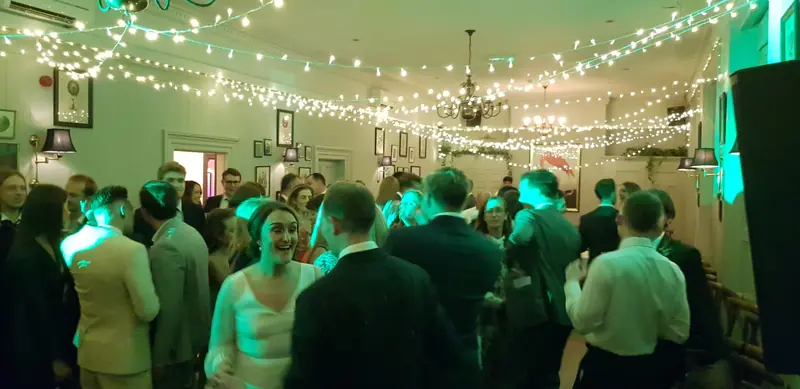 Wedding reception under fairy lights
